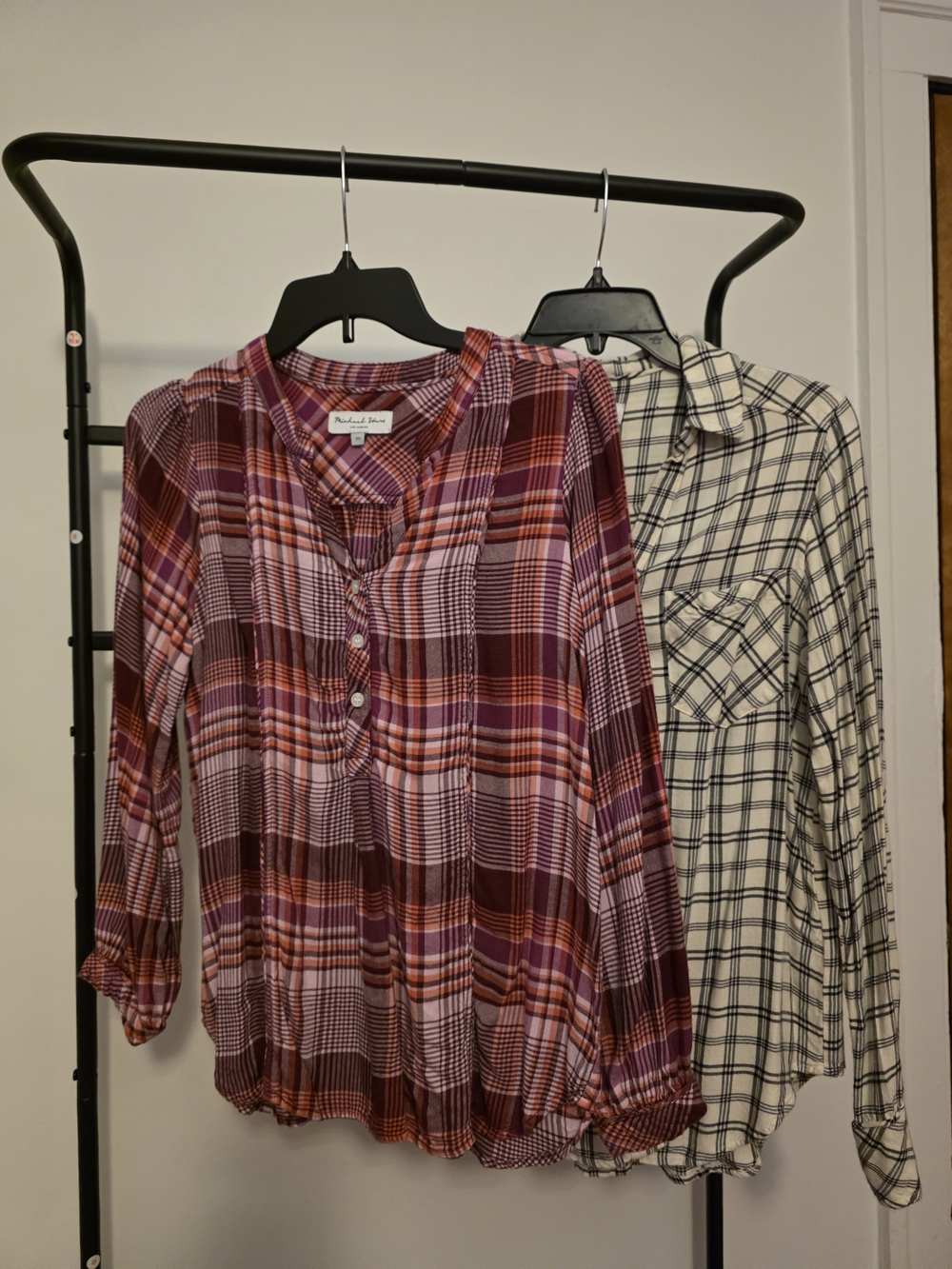 Plaid Button-Front Blouse in Purple & Black And White, XS
